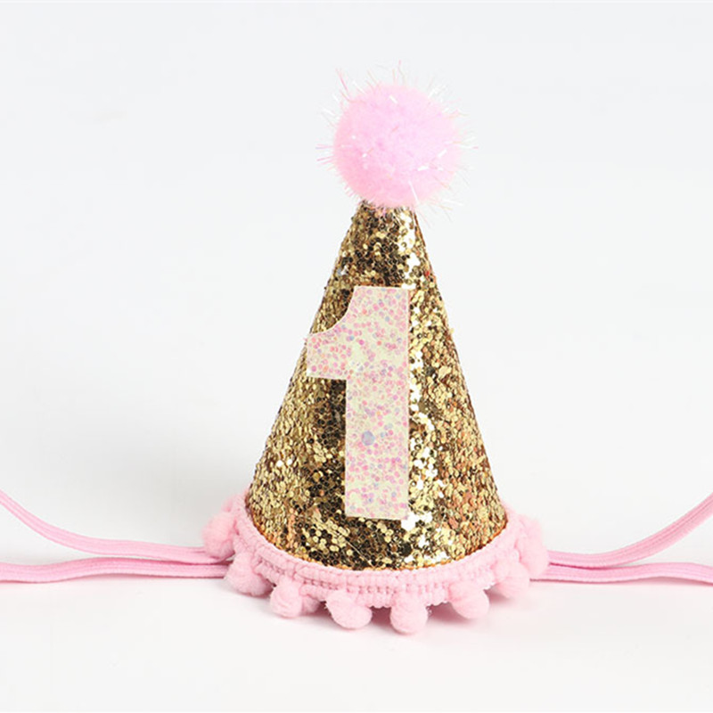 Glitter Crown Birthday Party Hat Hairball Cap for 1st 2 3 Year Old Baby Boy Girl Birthday Party Decor Photo Props Baby Shower