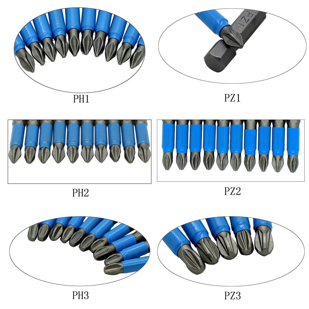 10pc 50mm PH1 PH2 PH3 PZ1 PZ2 PZ3 Magnetic Screwdriver Bit Set 1/4" Hex Shank Anti Slip Phillips Electric Power Tool Accessories