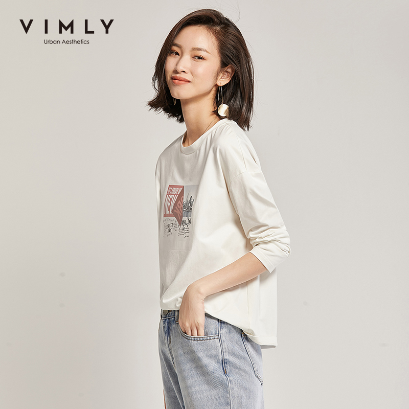 Vimly 2020 Spring Autumn Women Letter Print Tshirt Fashion Round Neck Long Sleeve Thin Tops Casual Female Cotton T shirt F3578
