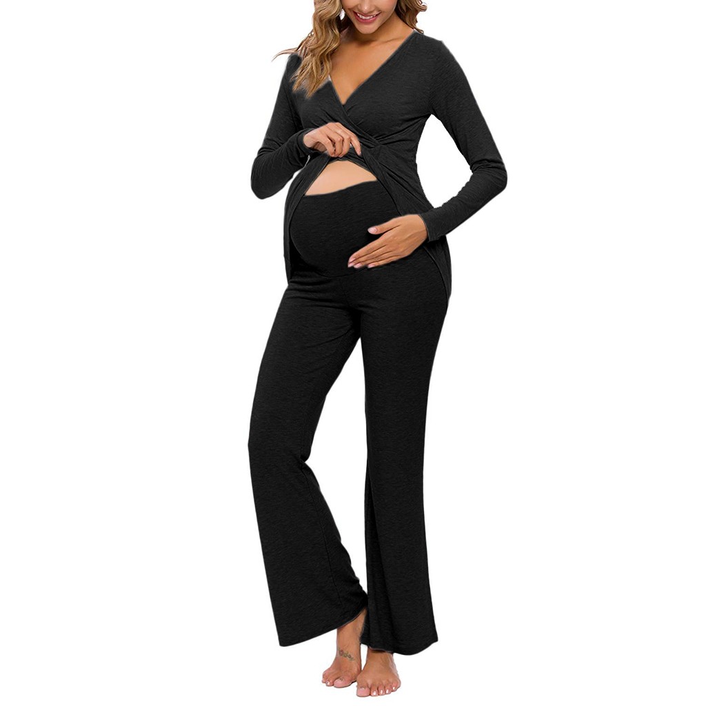 Women Maternity Autumn Winter Sleep Lounge Long Sleeve Nursing Baby T-shirt Tops+Pants Pajamas Set Suit winter clothes women