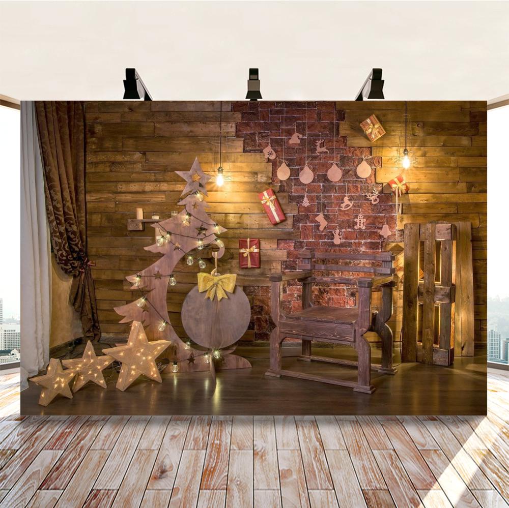 Laeacco Christmas Tree Wood Board Brick Wall Photo Backdrop Star Light Curtain Chair Photography Backgrounds For Photo Studio