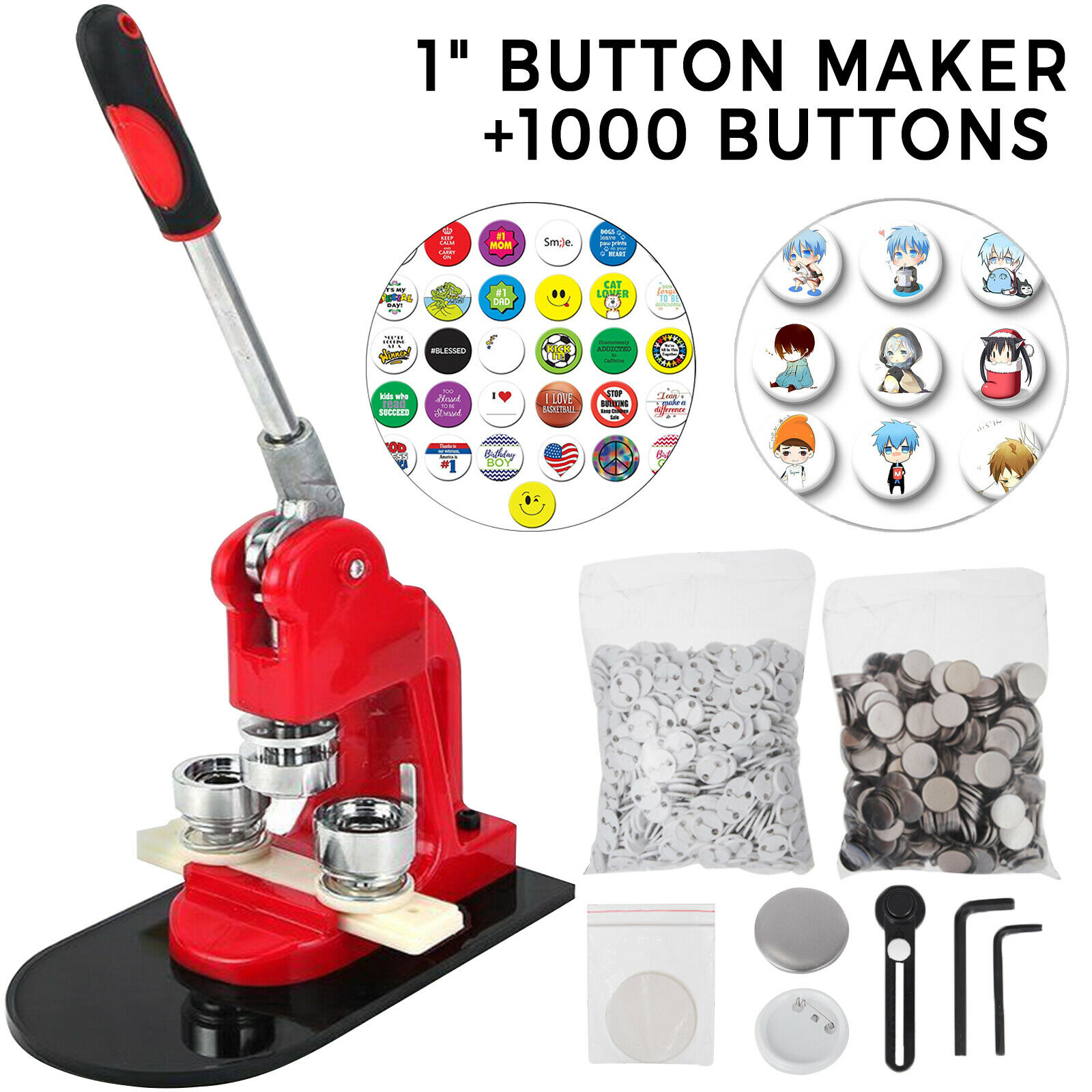 1" 25mm Button Maker Badge Punch Press Machine Free 1000 Parts Circle Cutter