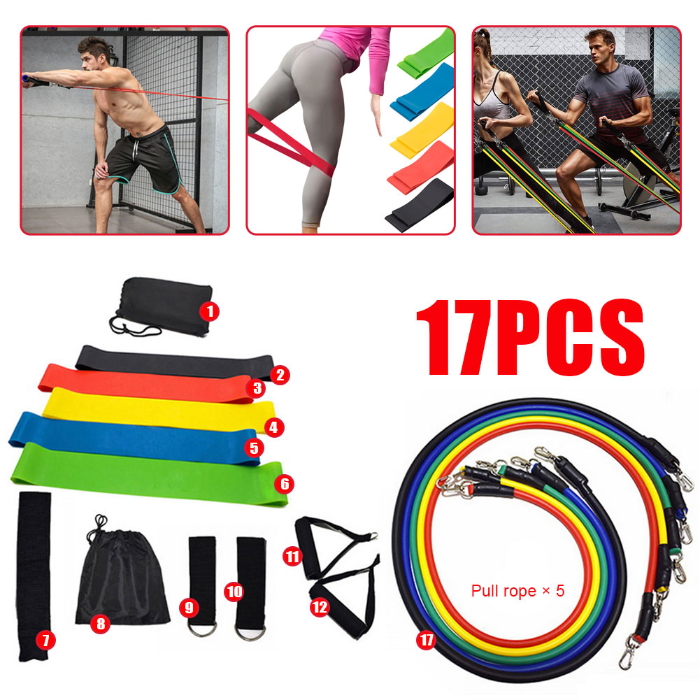 17-Piece VIP Drop Shipping 17pcs Pull Rope Fitness Exercises Resistance Band Set Training Yoga Band Gym Fitness Equipment Muslce