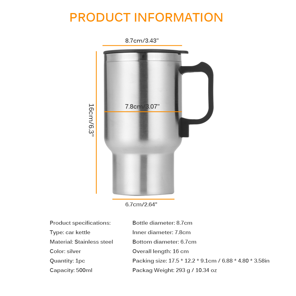 12V 500ML Portable Cup Kettle Travel Coffee Mug Electric Stainless Steel With Cigar Lighter Cable Car Water Keep Warmer Kettle