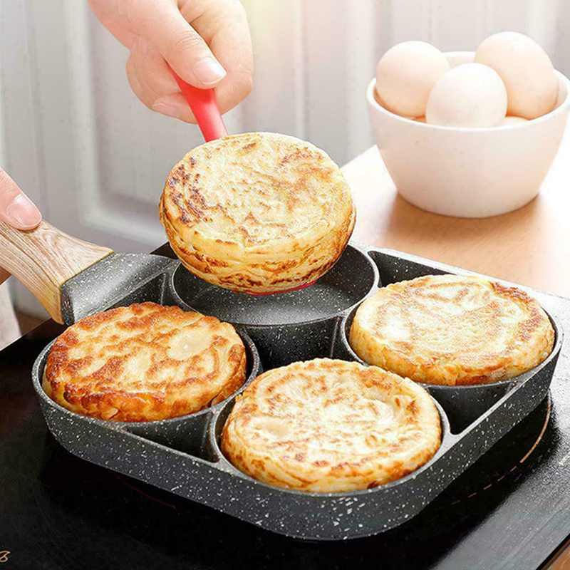 New 4 Hole Omelet Pan For Burger Egg Ham Pancake Maker Wooden Handle Frying Pan Hot Breakfast Grill Wok Cooking Pot Dropshipping