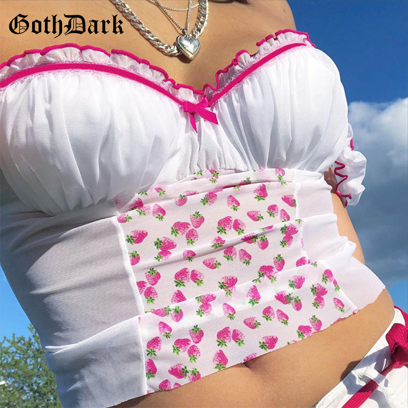 Goth Dark E-girl Sweet Mesh Strawberry Printed Front Crop Tops Slash Neck Elastic Bustier Ruffles Strap Summer Women Tank Top