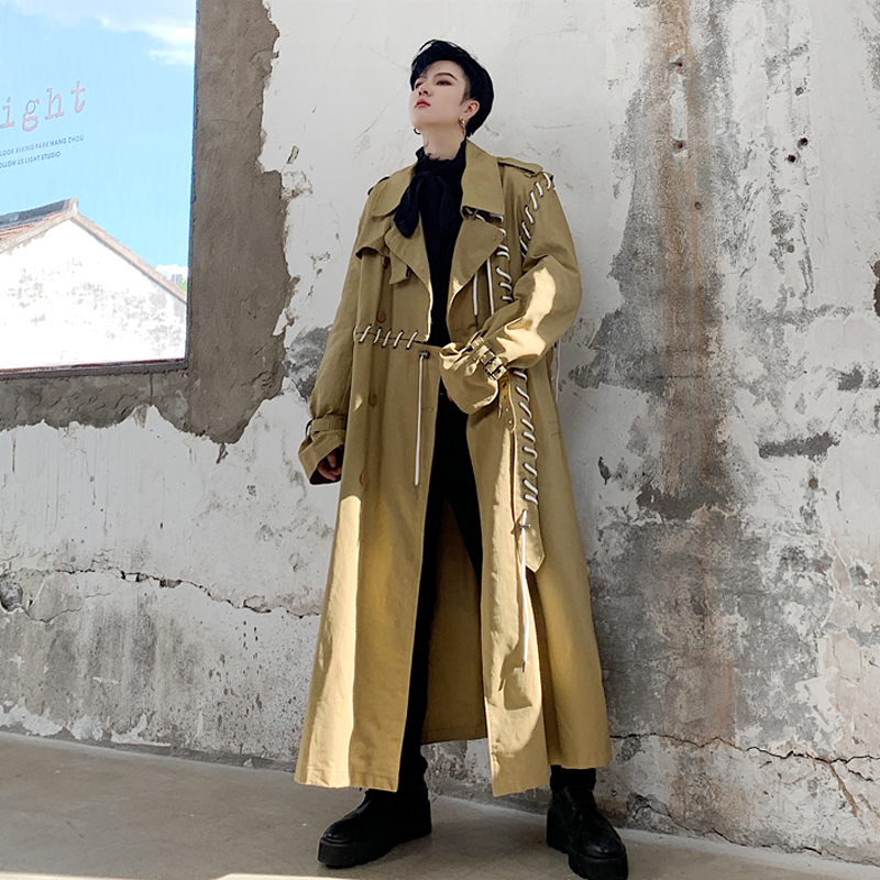 IEFB /men and women's wear 2021 spring streetwear new trench Personality Rope Design Asymmetry patchwork long coat loose 9Y989