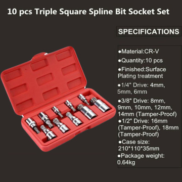 10pcs Vandium Steel XZN 12 Point MM Triple Square Spline Bit Socket S2 Steel 4-18mm Tool Set Point Sockets