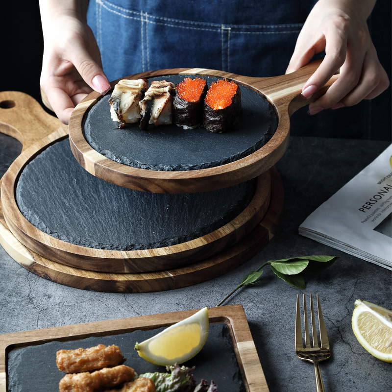 MUZITY Slate Dinner Plate Round Shape with Wooden Dish Sushi Steak Barbecue Plate Cheese Pizza Flat Fruit Plate