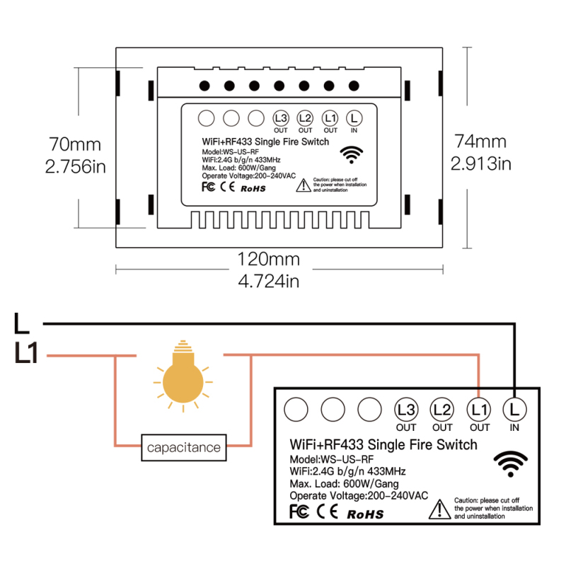 WiFi Smart Switch RF433 No Neutral Wire Single Fire Smart Life Tuya App Control Works With Alexa Google Home 110V 220V