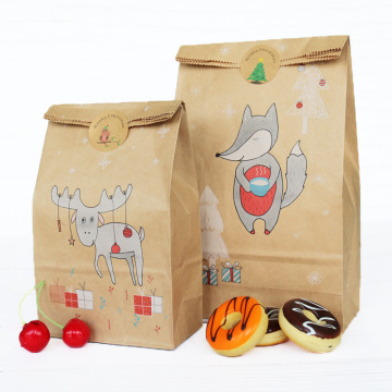12pcs Christmas Kraft Paper Bag Xmas Stickers Set Fox Moose Gift Paper Bag Stickers Xmas Candy Food Cookies Packing Paper Bags