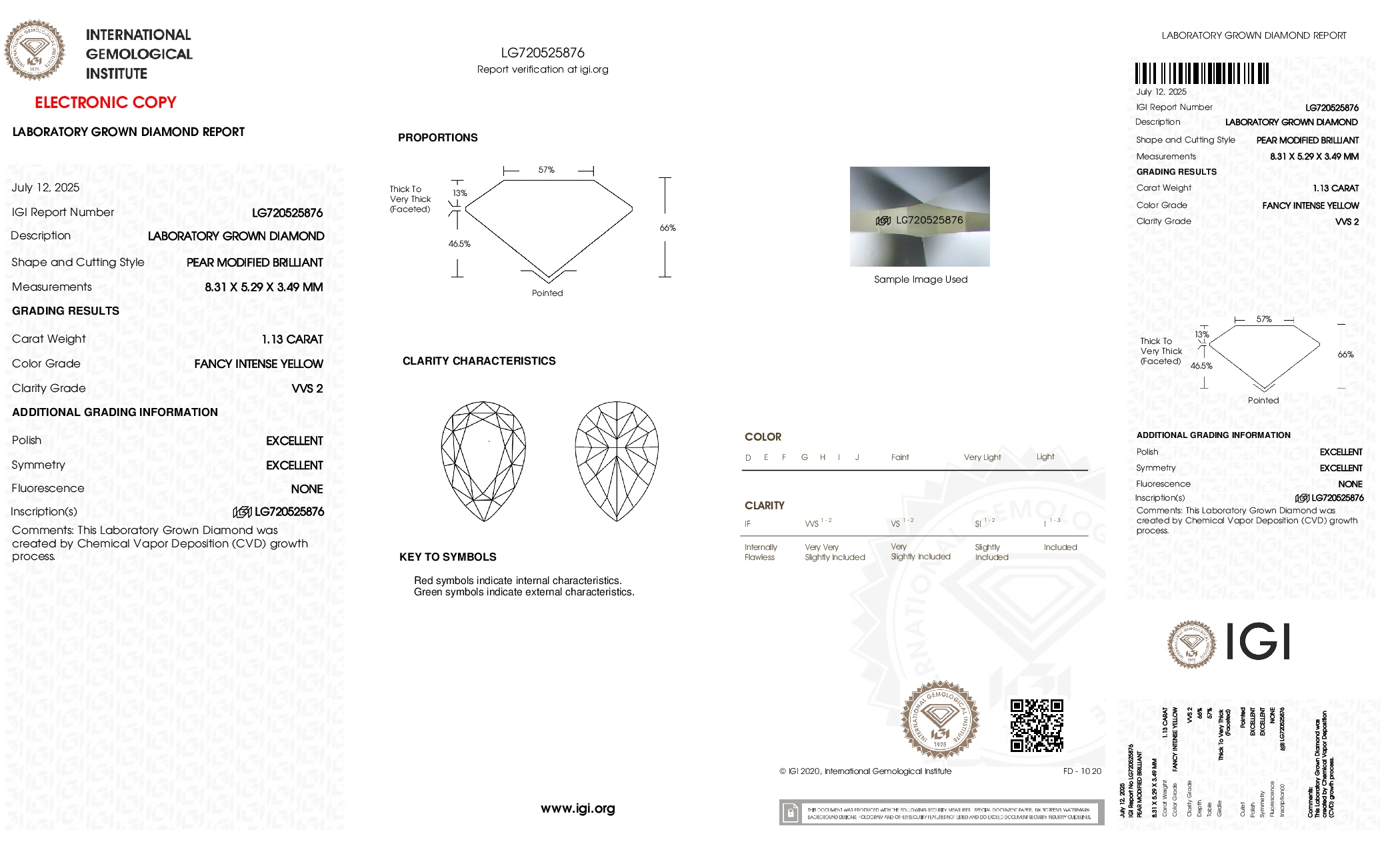 IGI report LG720525876 for a 1.13 carat Fancy Intense Yellow VVS2 pear lab grown diamond