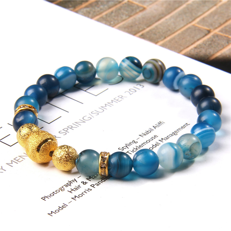 CZ Gold Craft Charm Bracelets For Men 8 mm Blue Polished Tiger Eye Stone Beads Pulsera Women Friendship Handmade Elastic Jewelry