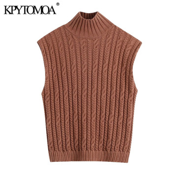 KPYTOMOA Women 2020 Fashion With Ribbed Trim Cable-knit Vest Sweater Vintage High Neck Sleeveless Female Waistcoat Chic Tops