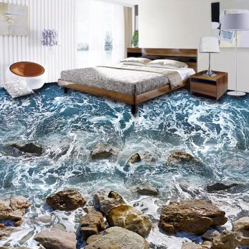 3D Flooring Wallpaper Seaside Sea Waves Stones Living Room Bedroom Bathroom PVC Waterproof Floor Mural Wallpaper Home Decor 3D