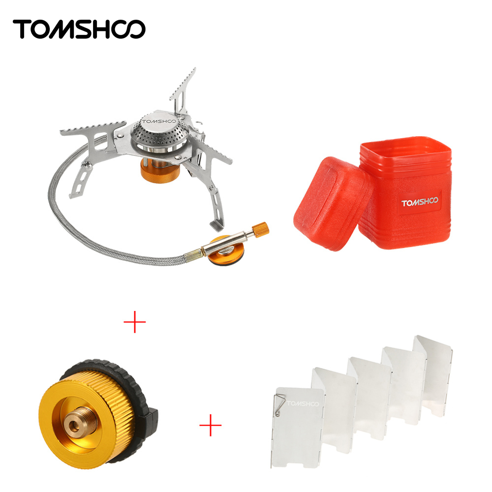 TOMSHOO Outdoor Camping Gas Stove + 9-Plate Windscreen Windshield + Gas Cartridge Stove Adapter Cooking Burners Cookware Set