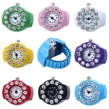 Men's Women's Silicon Round Rhinestone Elastic Quartz Finger Ring Watch Gift