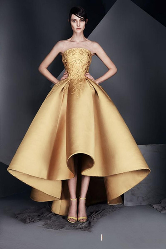 Elegant Gold Applique Prom cocktail Dress Strapless High-Low Ruffle Evening Gown New Design High Quality Homecoming Dresses
