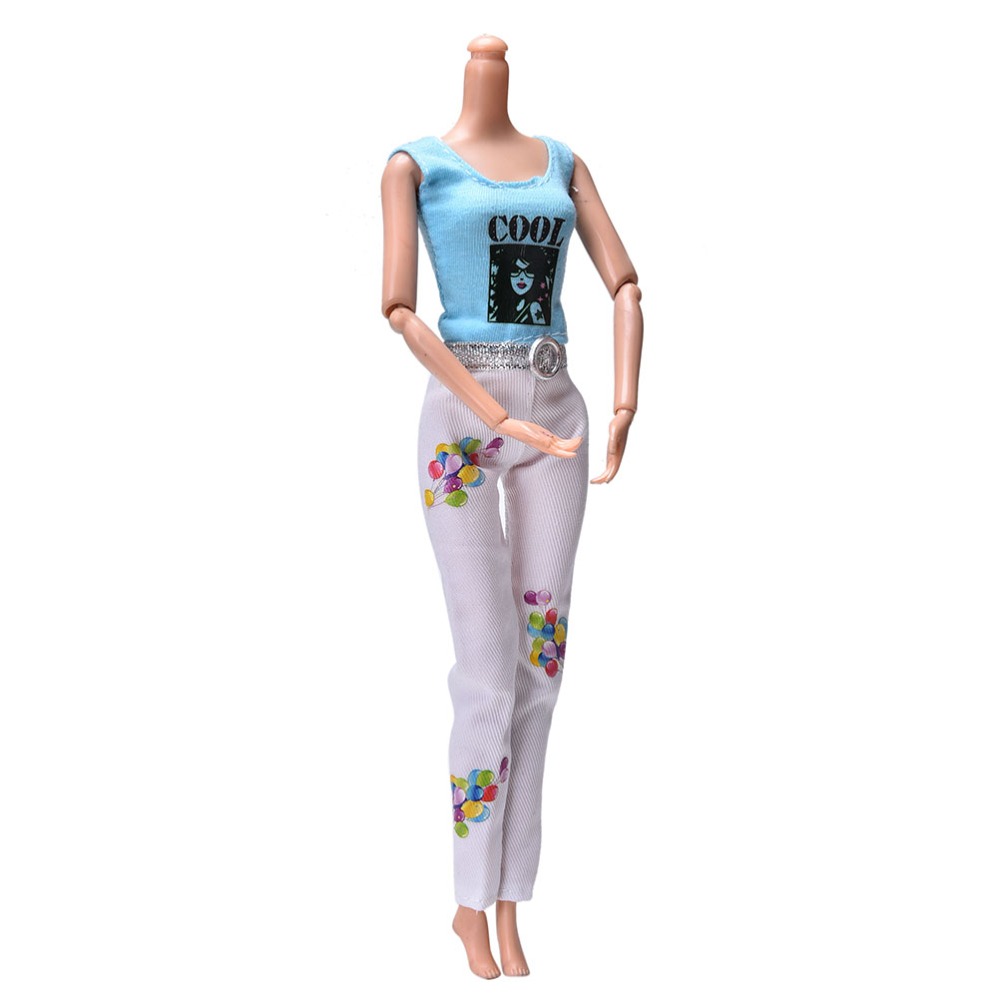 Fashion 1 Set= Blue Tank+ White Pant Suits For Barbie Summer Print Dolls Clothing For Girls Toy Gifts high quality