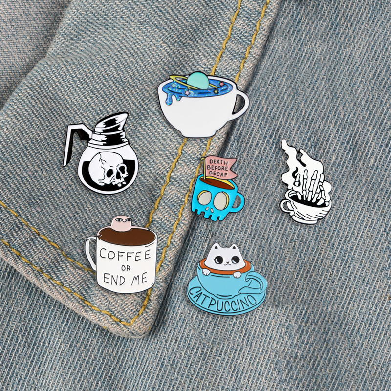 Cup and coffee skull stars Cat combination Denim Enamel lapel pins collection Badges Brooches Gifts for friend Jewelry wholesale