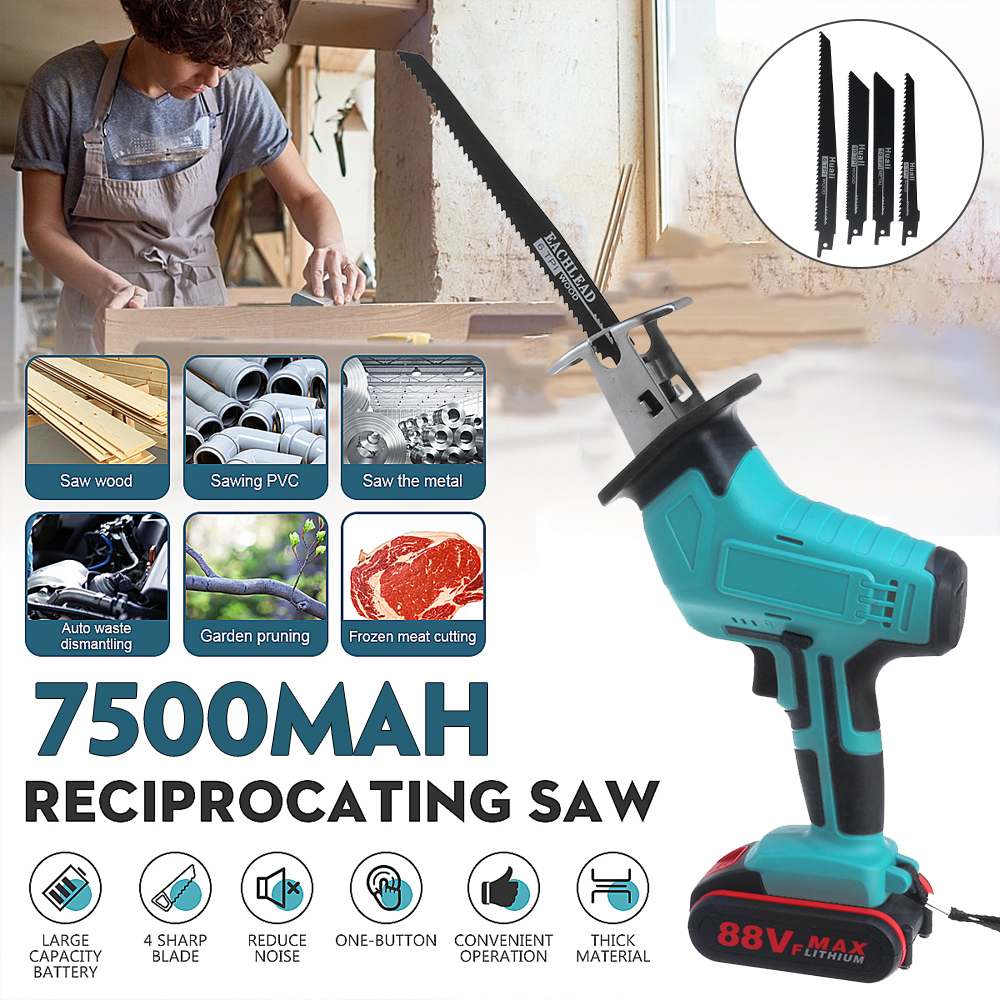 88V Cordless Reciprocating Saw Portable Electric Saw Wood Metal Cutting Tool with 1/2 Battery 4 Saw Blades Garden Power Tools