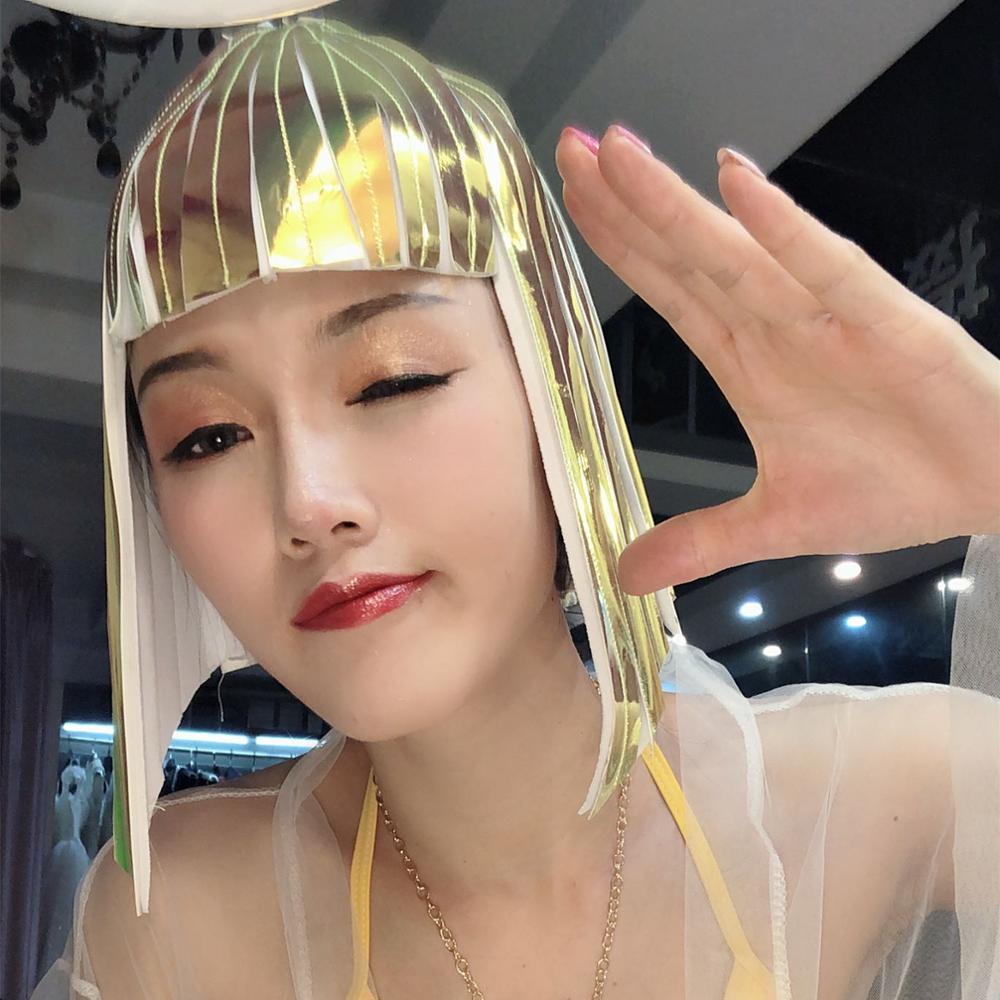 Silver Gold Mirror Wig Women Singer Performance Wig Headgear Ornament Future Space Female Soldier Cool Reflective Wig Show Wear