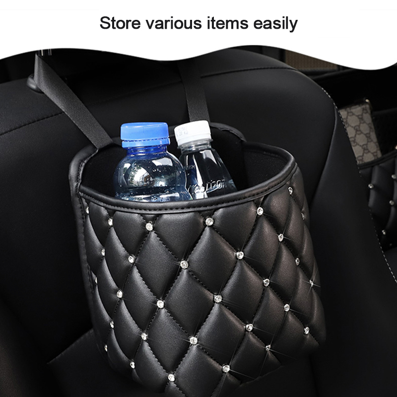Multi-Pockets Car Seat Storage Bag Crystal PU Leather Car Container Stowing Tidying Net Hanging Backseat Holder Car Interior