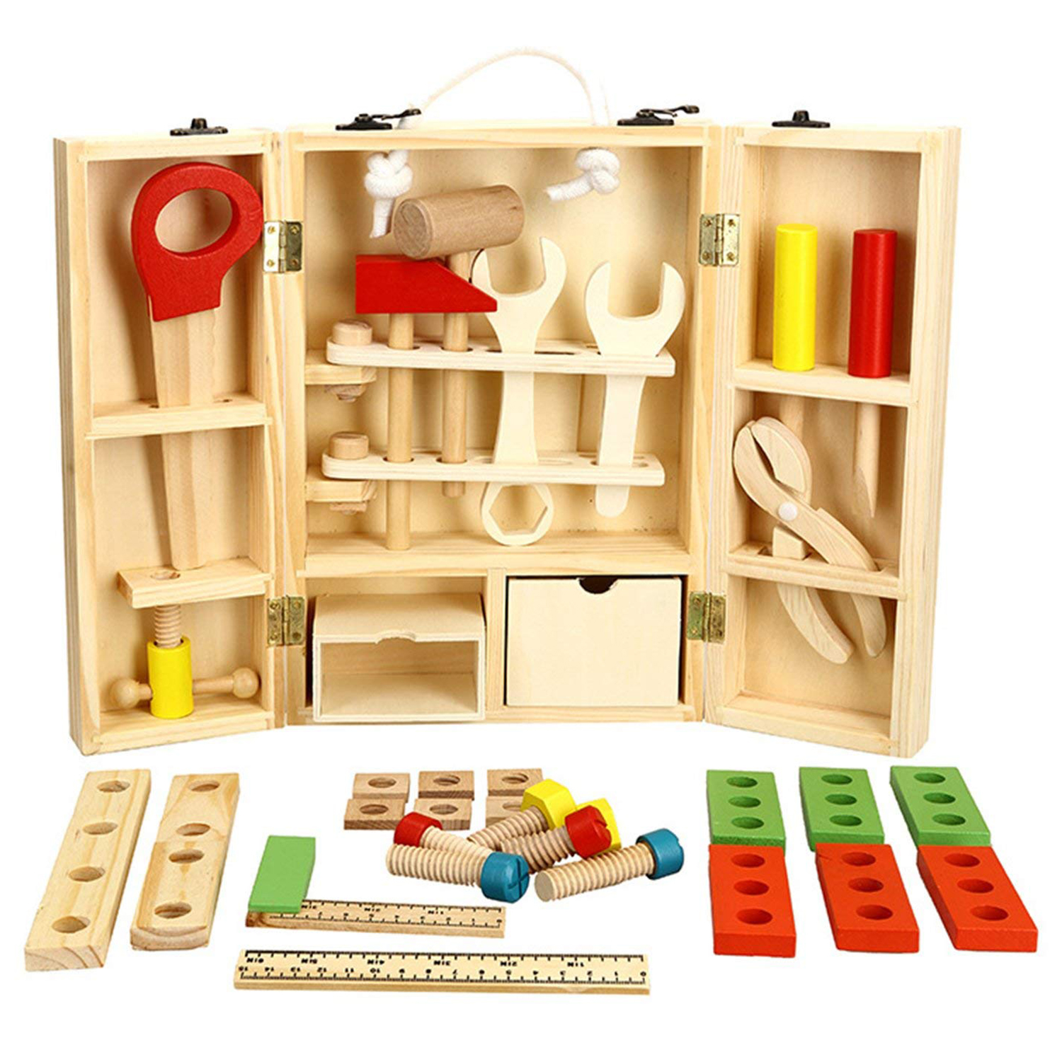 WOTT Wooden Tool Toys Pretend Play Tool box Accessories Set Educational Construction Toys Kids