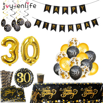 30 Black Gold Happy Birthday Disposable Tableware Number Balloons Banner Party Supplies Adult 30 Year Birthday Party Decorations