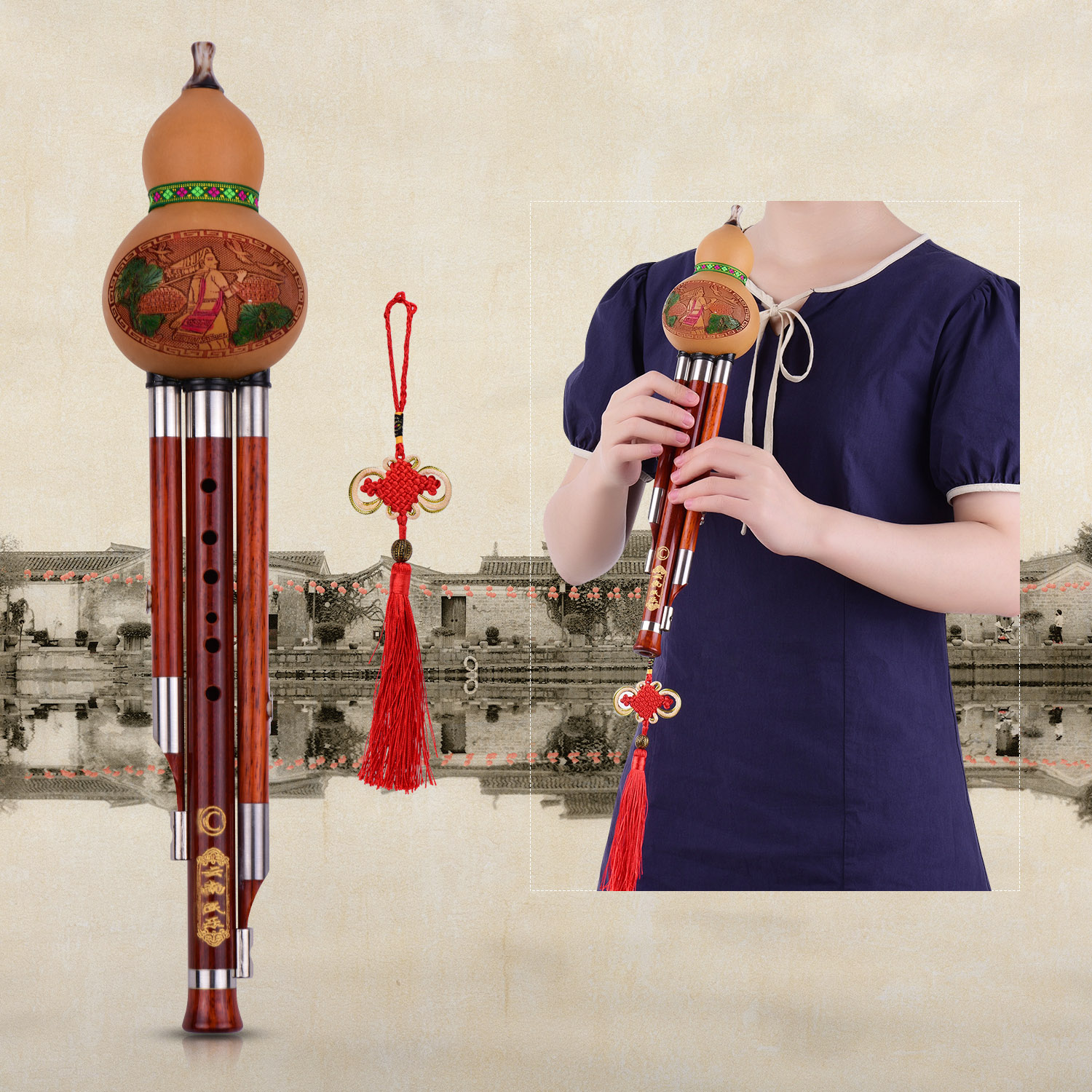 3 Tone C-Key Hulusi Gourd Cucurbit Flute Solid Wood Pipes Chinese Traditional Instrument with Chinese Knot Carry Case