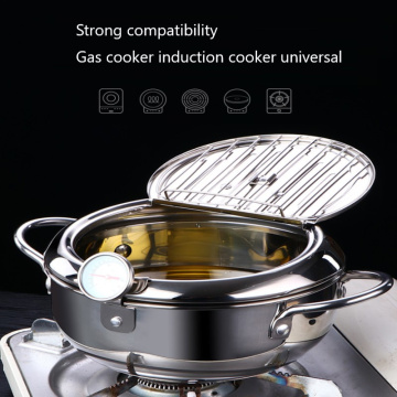Kitchen Deep Frying Pot With Thermometre Tempura Fryer Pan Temperature Control Fried Chicken Pot Cooking Utensils Cooking Tools
