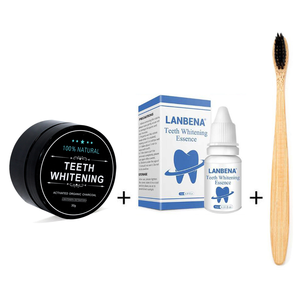 Natural Teeth Whitening Teeth Set 1 oz Bamboo Charcoal Powder 0.35oz Tooth Whitening Essence with Toothbrush for Oral Hygiene