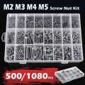 500/1080pcs M2 M3 M4 M5 Hex Socket Screw Set Carbon Steel Flat Round Cap Head Screws Bolts and Nuts Assortment Kit w/Storage Box