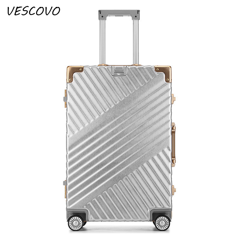 VESCOVO Aluminum frame trolley suitcases ABS+PC rolling luggage spinner on wheel men women 20inch boarding box 24"26"29 inch