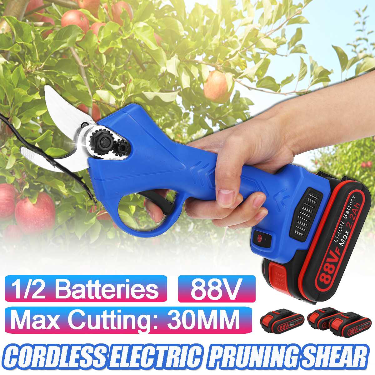 88V Cordless Electric Pruning Shears with 1/2 Lithium-ion Battery 30mm Max Cutting Garden Pruner Branches Cutter EU Plug