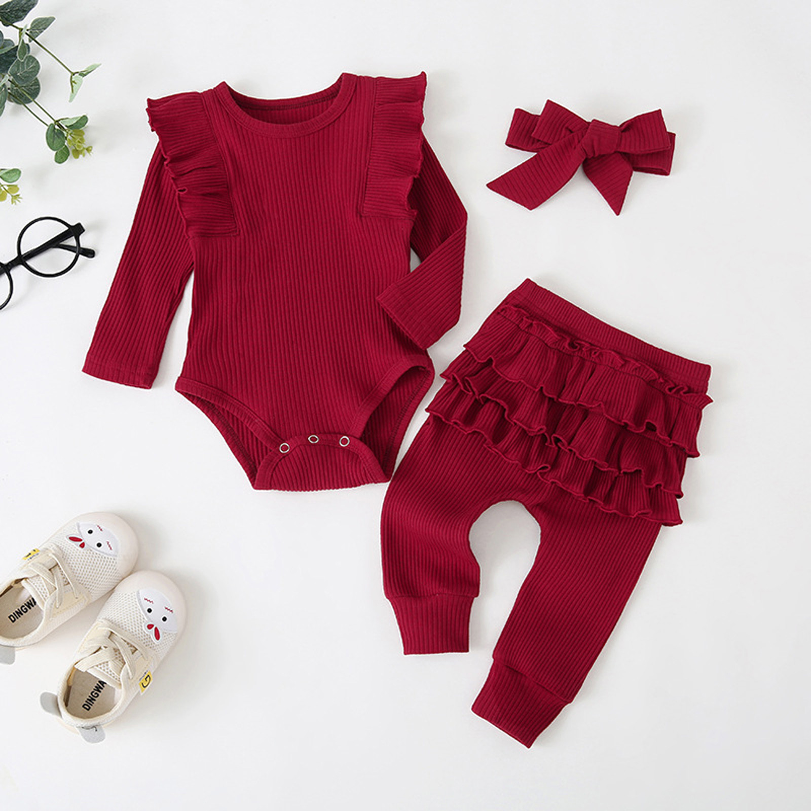 (0-2Y) Baby Suit Winter Long Sleeve Simple Solid Color Hanging Striped Top + Solid Color Hanging Striped Pants + Hair Band Set 5