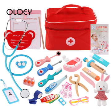 OLOEY Baby Pretend Doctor Game Wooden Toy Funny Play Real Life Cosplay 20pcs Dentist Medicine Box Speelgoed Kids Cosplay Fun