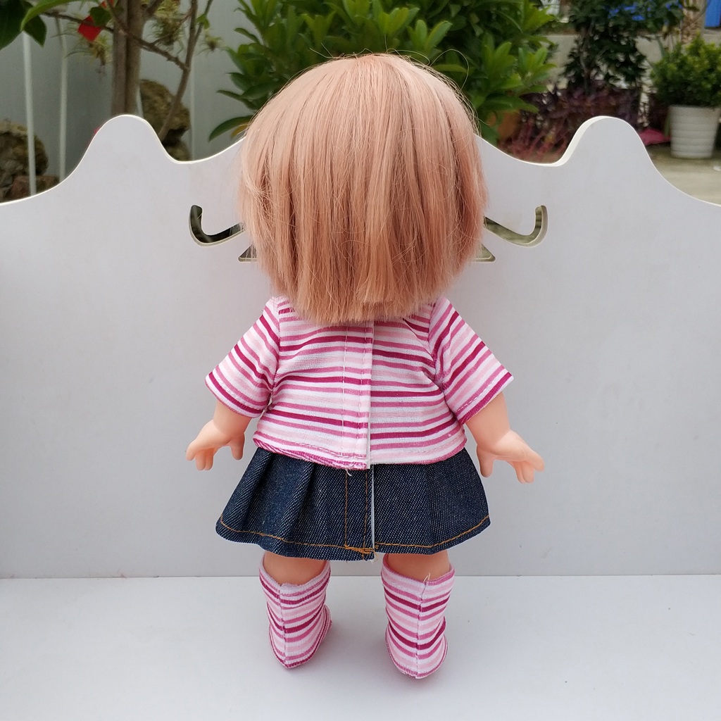 Adorable Stripe Pattern T-shirt Denim Miniskirt Sock Suit For Mellchan Baby Dolls Clothing Accessories Pink