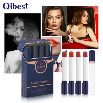 QIBEST 4 Colors Cigarette Design Matte Lipstick Velvet Sexy Nude Lip Blam Lasting Makeup Waterproof Non-Fading Lipstick TSLM1