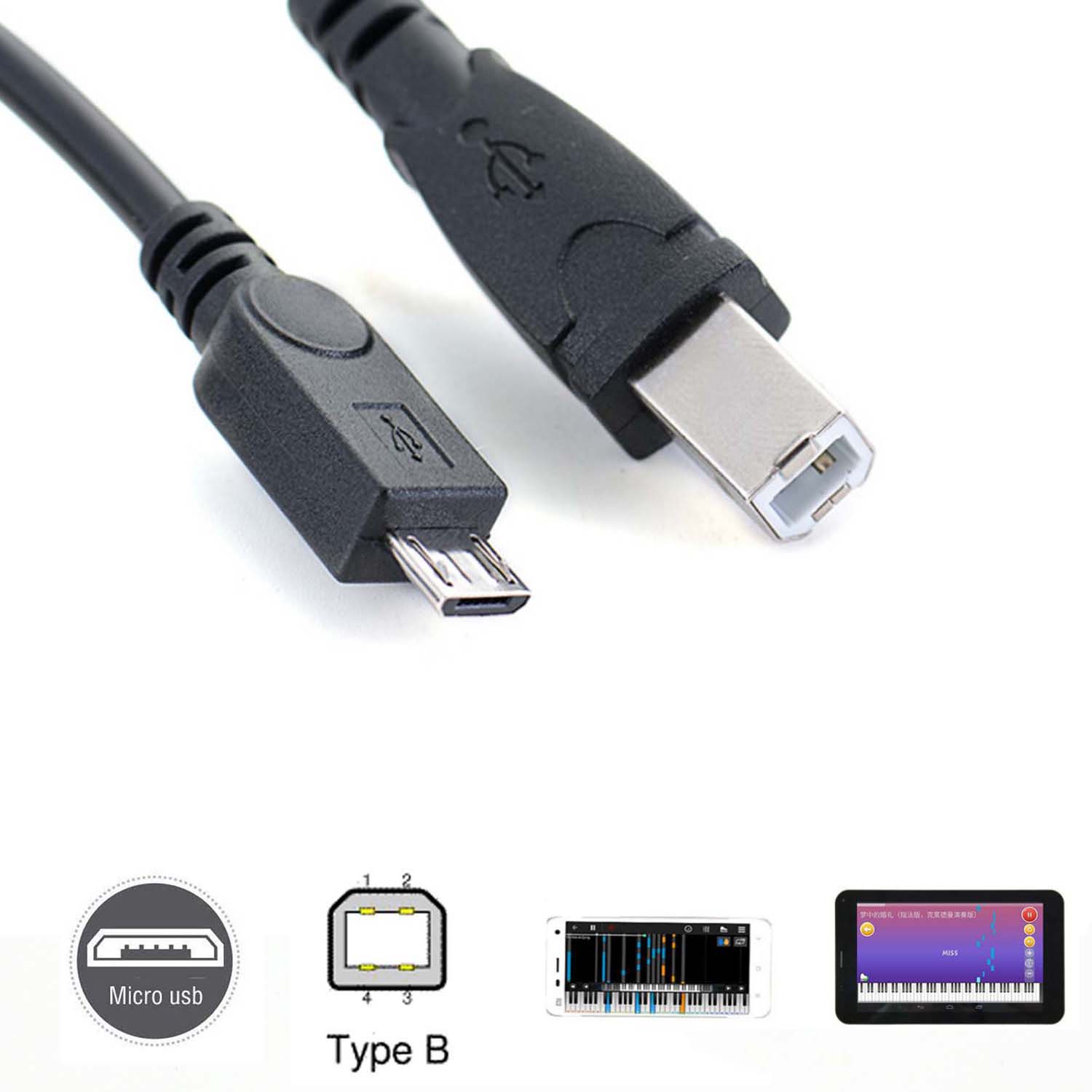 micro usb Male to USB 2.0 B Male Data OTG Cable Phone tablet to Electronic piano drum