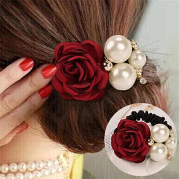 1pc Hair Accessories Women Fashion Style Big Rose Flower Pearl Rhinestone Hair Bands Elastic Hair Rope Ring 5 Colors for Girls