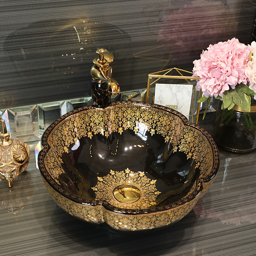 Flower shape Jingdezhen factory directly ceramic hand painted hand wash basin bathroom sinks black with gold pattern LO613424