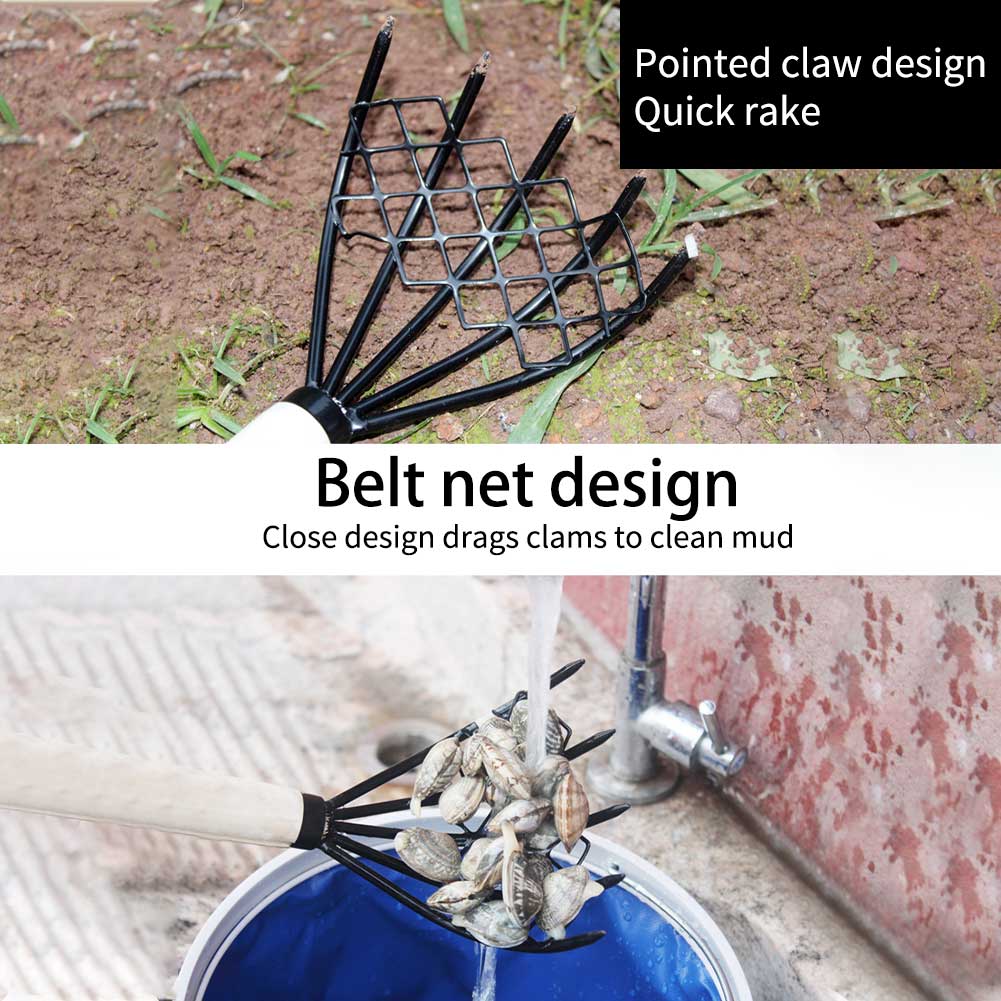 With Net Dig Seafood Conch 5 Claw Clam Rake Home Tool Wood Handle Pitchfork