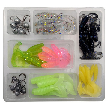 Hyaena 48pcs Soft Lures Jig Head Hooks Set Mixed Color Assorted Worms Bait Artificial Double Tail Grub