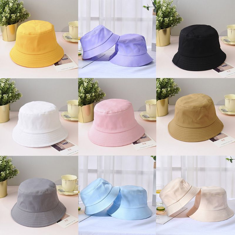 Korean Adult Kids Summer Foldable Bucket Hat Solid Color Hip Hop Wide Brim Beach UV Protection Round Top