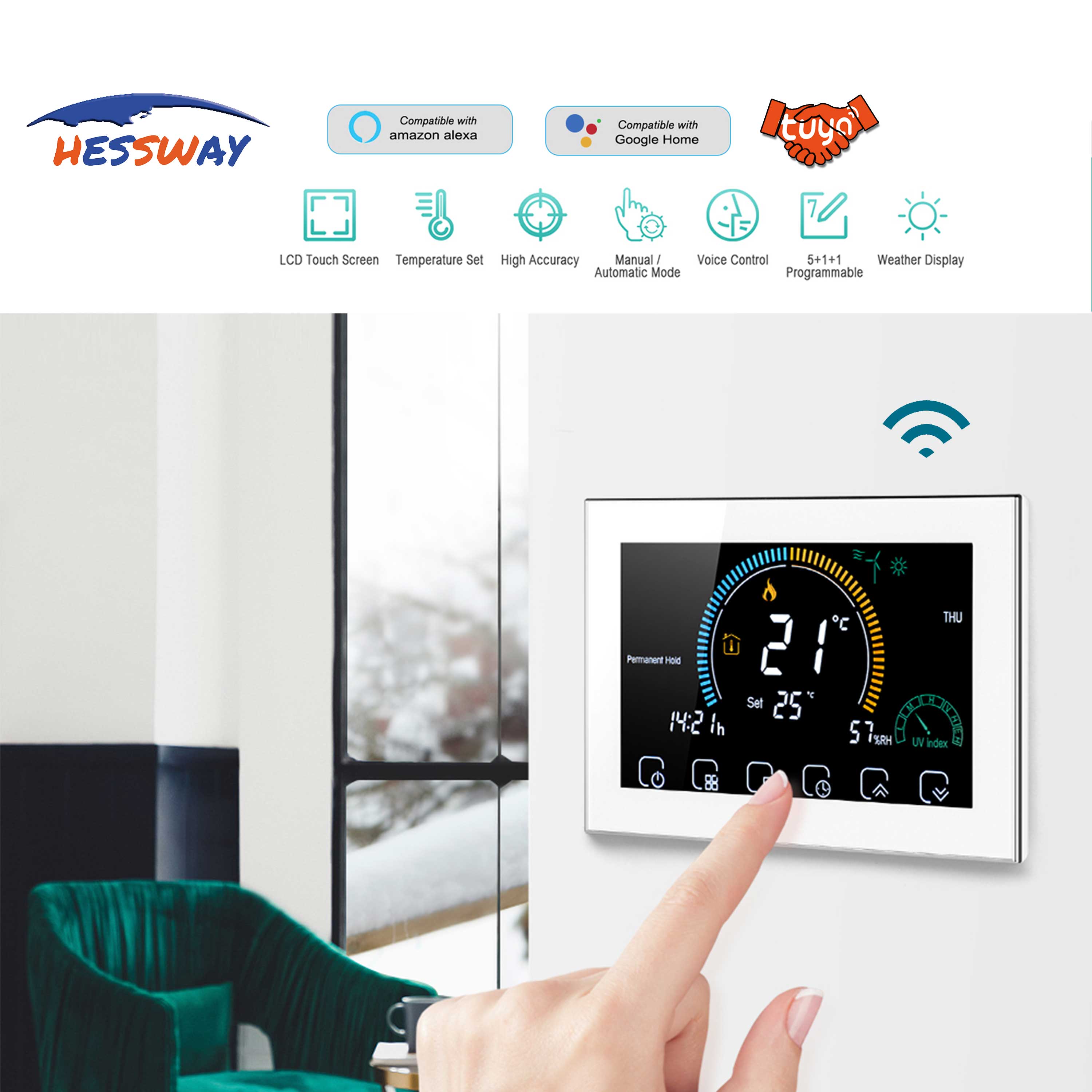 WIFI TUYA Dual Sensor Thermostat Boiler Floor Heating System 5A/Electric Heating 16A Monitor Weather, UV Index, Humidity Display