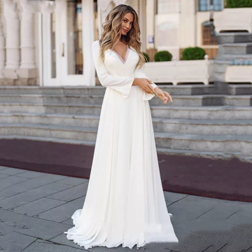 White Simple Wedding Dress Long Sleeve 2020 Boho Bridal Gown V-Neck Long Bride Dresses Plus Size Vintage Bohemian Appliqued Back