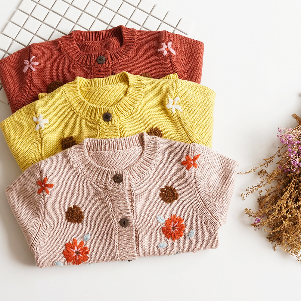 FOCUSNORM 0-3Y Autumn Winter Infant Baby Girls Sweater Coat Tops Knit Flowers Print Long Sleeve Single Breasted Tops