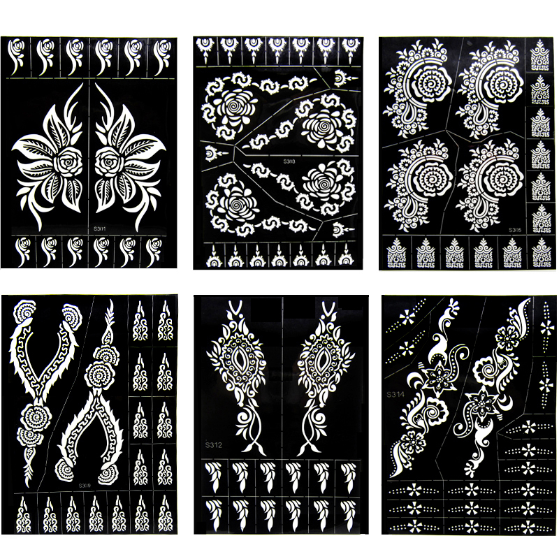 6 Sheet India Henna Tattoo Stencils Set for Hand Body Art Painting Airbrush Fake Tattoo Flower Glitter Templates 24 X 17cm