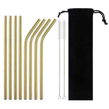 18/10 Stainless Steel Reusable Straws Gold Drinking Straw Set Mteal Straw Coffee Party Bar Straw With Cleaner Brush Portable Bag